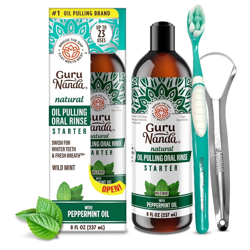 GuruNanda Starter Pulling Oil Mouthwash for Natural Teeth Whitening, Coconut and Peppermint Oil for Fresh Breath & Happy Gums, with Toothbrush & Tongue Scraper, Alcohol-Free, 8 Oz - Image 1
